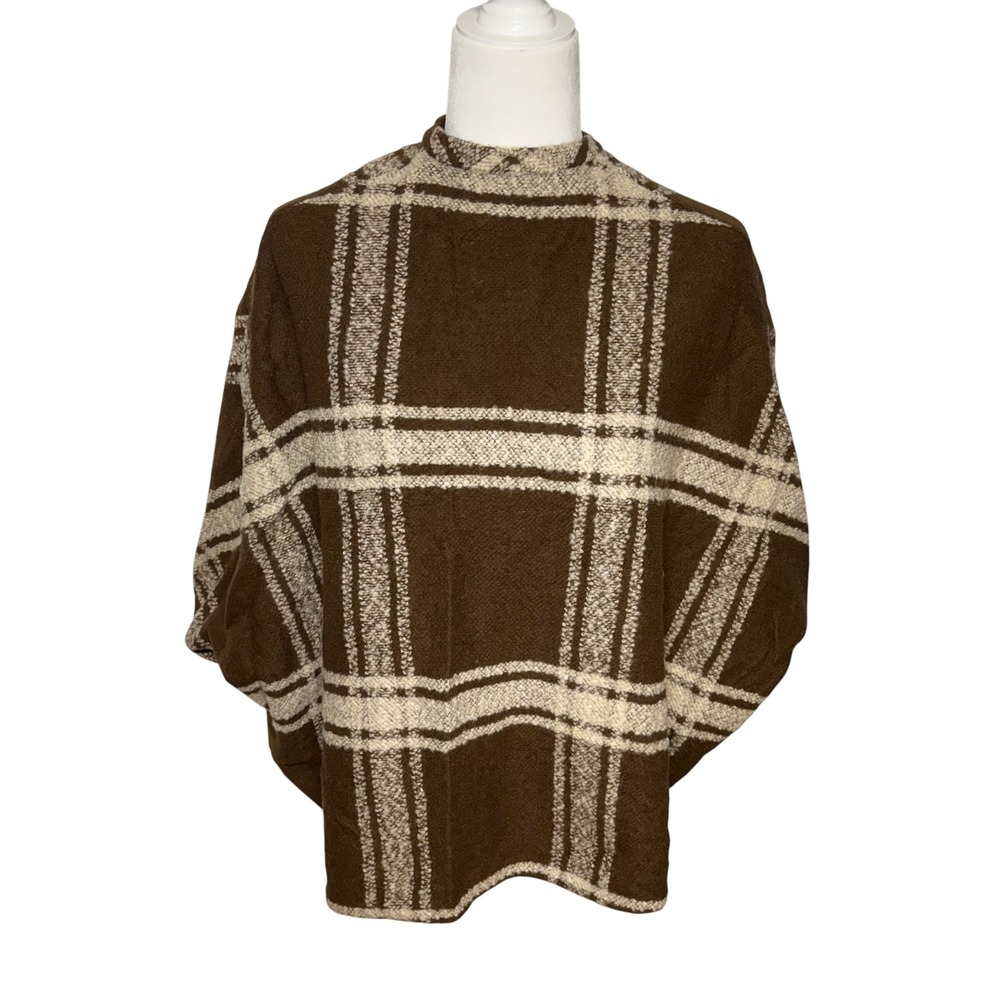 Catalina Brown Plaid Poncho Mock Neck Zip Back Top Womens Size 9/10 VTG 80s Fall